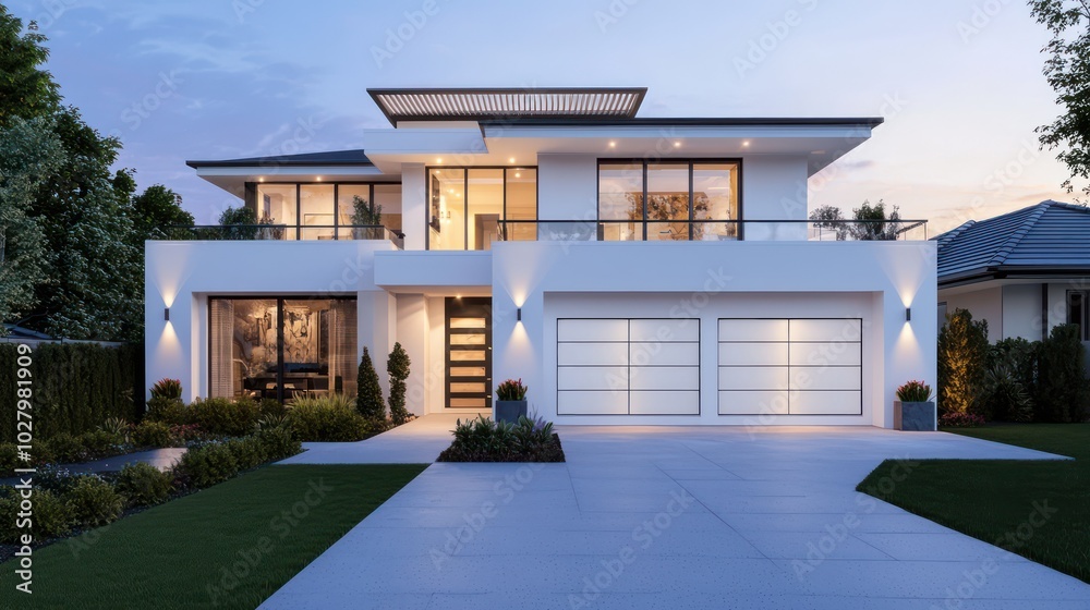 Modern house front view at dusk with white walls, a large garage, terrace on the roof, wide driveway, and a small garden Modern house front view at dusk with white walls, a large garage, terrace on the roof, wide driveway, and a small garden