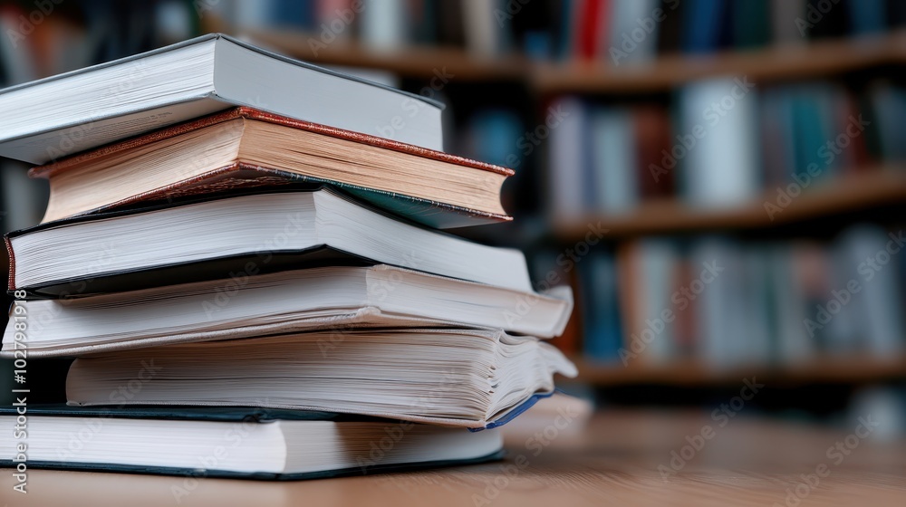 A pile of books with different covers and sizes rest on a wooden table, with rows of blurred bookshelves in the background, suggesting a library setting. A pile of books with different covers and sizes rest on a wooden table, with rows of blurred bookshelves in the background, suggesting a library setting.