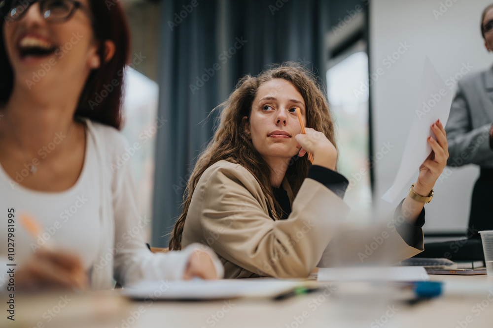 A young woman attentively participates in a classroom discussion, showing concentration and engagement. The environment reflects an educational setting, promoting thoughtful interaction and A young woman attentively participates in a classroom discussion, showing concentration and engagement. The environment reflects an educational setting, promoting thoughtful interaction and
