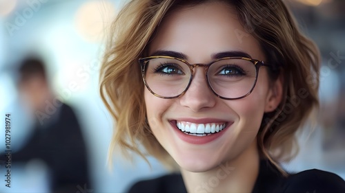 Two cheerful colleagues smiling while discussing something in modern office, focus on stylish businesswoman wearing creative haircut and glasses