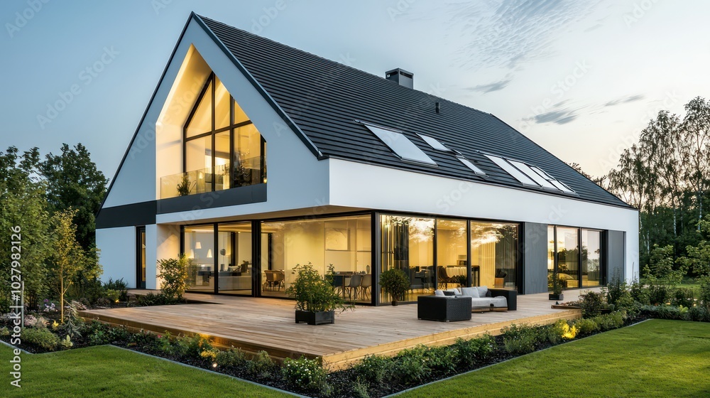 Modern house with a black roof, white walls, and large glass windows, featuring a wooden terrace and garden area at evening Modern house with a black roof, white walls, and large glass windows, featuring a wooden terrace and garden area at evening