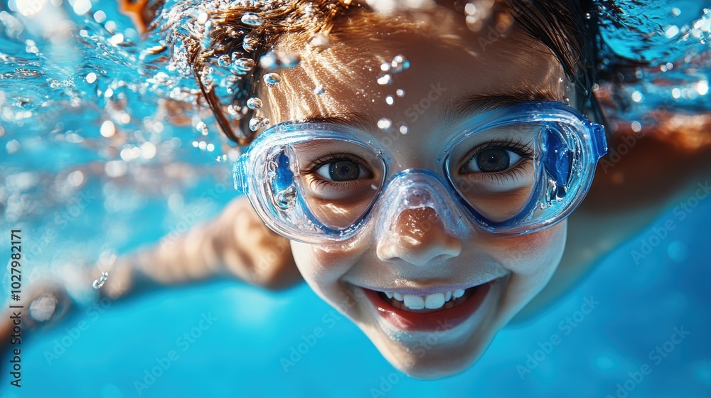 Fototapeta premium A child wearing goggles swimming joyfully underwater in a clear pool, surrounded by bubbles, symbolizing joyful exploration and carefree aquatic play.