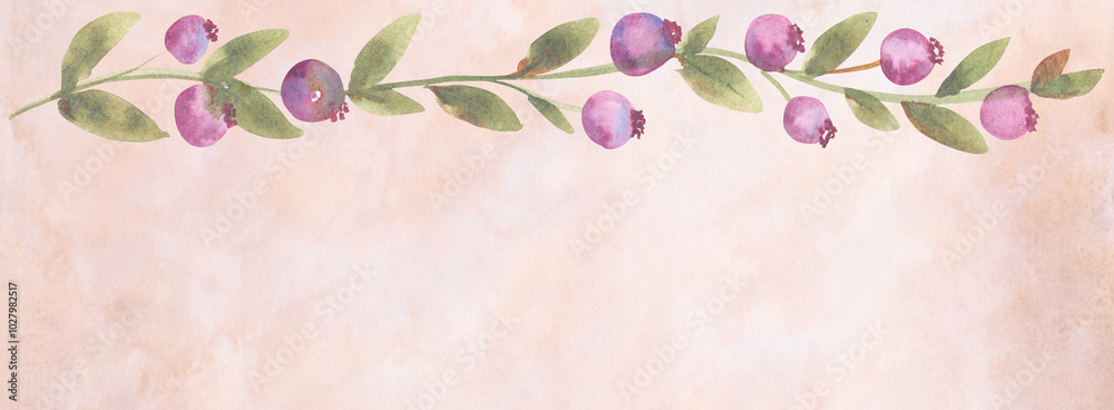 Hand painted watercolor illustration of twigs with purple berries in a frame design. Painted illustration of a frame of twigs with leaves and berries. Ideal for Christmas and other holiday decorations Hand painted watercolor illustration of twigs with purple berries in a frame design. Painted illustration of a frame of twigs with leaves and berries. Ideal for Christmas and other holiday decorations