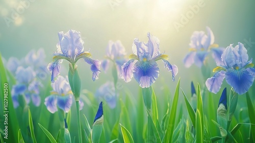  A lush green meadow with vibrant blue blossoms under the golden rays, framed by cloudy skies