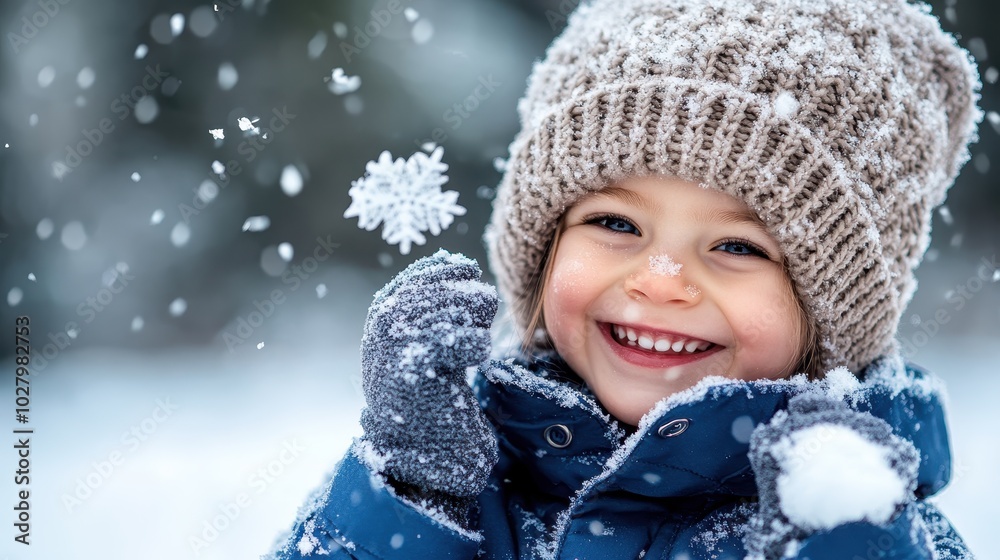 An excited child holds a perfect snowflake amidst a snowy landscape, her expression filled with wonder and delight, embodying the magic of winter. An excited child holds a perfect snowflake amidst a snowy landscape, her expression filled with wonder and delight, embodying the magic of winter.