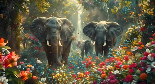 Elephants Walking Through a Magical Garden