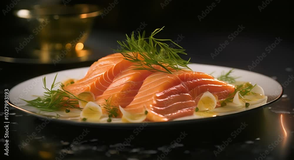 Fresh Salmon Slices with Dill and Garnishes on White Plate