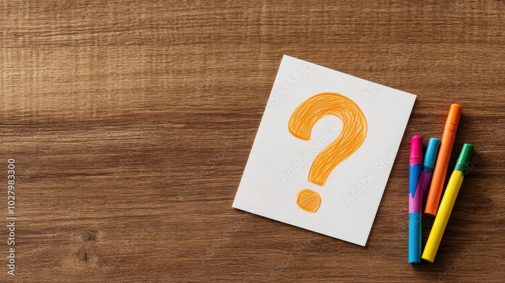 An orange question mark is prominently displayed on paper, accented by four colorful marker pens to the right on a smooth wooden surface, emphasizing creativity. An orange question mark is prominently displayed on paper, accented by four colorful marker pens to the right on a smooth wooden surface, emphasizing creativity.