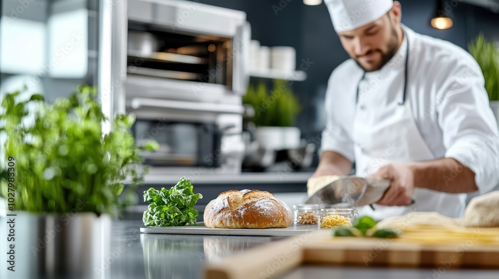 A chef in a professional kitchen intensely prepares a baking dish, highlighting the meticulous process and passion involved in the culinary arts and gastronomy. A chef in a professional kitchen intensely prepares a baking dish, highlighting the meticulous process and passion involved in the culinary arts and gastronomy.