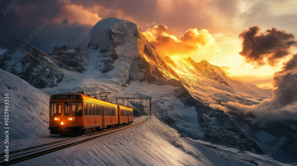 the Swiss Jungfrau railway , taken with an analog camera in the early morning light. the Swiss Jungfrau railway , taken with an analog camera in the early morning light.
