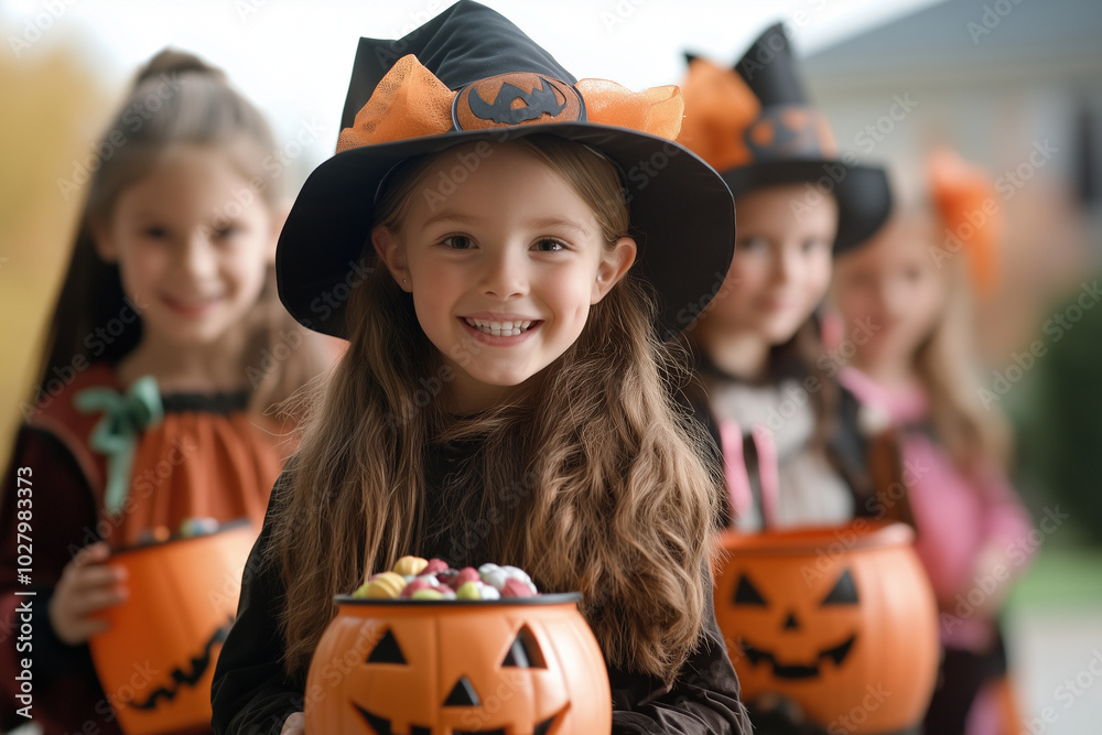 A group of children are dressed in Halloween costumes A group of children are dressed in Halloween costumes