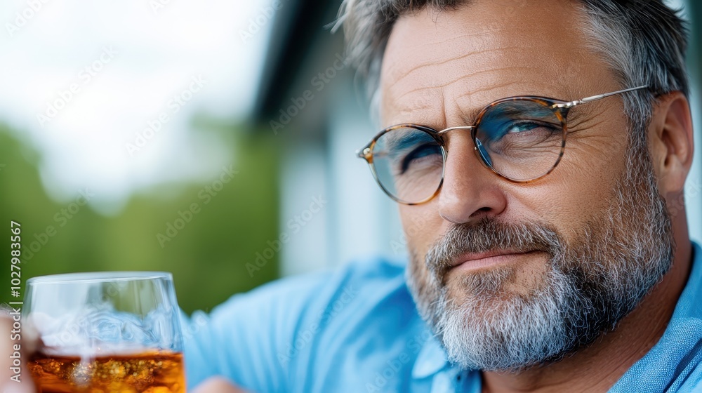 A bearded man wearing glasses, enjoying whiskey on a sunny day, projecting a wise and relaxed demeanor, with a soft, bright outdoor background.