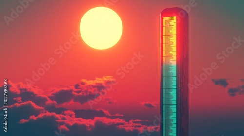 A tall, thin structure with glowing lights and a red top against a sunset sky.