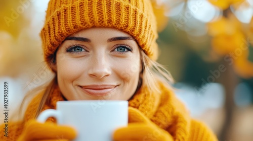 A woman warmly dressed in orange, holding a coffee mug, enjoys a serene autumn day. The scene is peaceful and captures the essence of seasonal enjoyment.