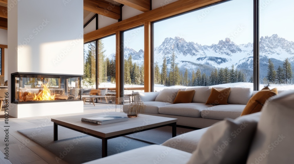 The luxurious lodge interior features cozy seating, a sleek fireplace, and expansive windows offering a stunning snowy mountain backdrop, blending comfort and elegance. The luxurious lodge interior features cozy seating, a sleek fireplace, and expansive windows offering a stunning snowy mountain backdrop, blending comfort and elegance.