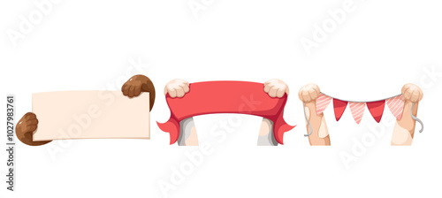 Cats cartoon paws hold red ribbon and white sign, birthday party flags set. Funny animals with protest banners. Pet support, demonstration mascot, cartoon signs in kitten legs vector illustration