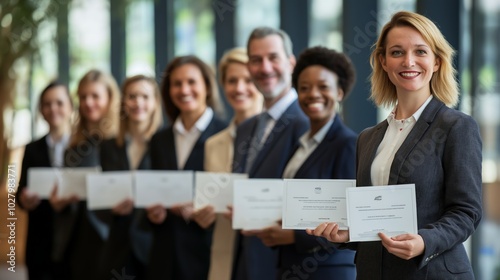 A group of smiling, successful professionals holding their FSM certificates in a corporate setting. photo