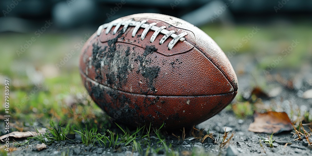old, worn-out american football resting on a dilapidated field. The ball shows signs of significant wear, with faded colors, scuffs, and slight deflation old, worn-out american football resting on a dilapidated field. The ball shows signs of significant wear, with faded colors, scuffs, and slight deflation
