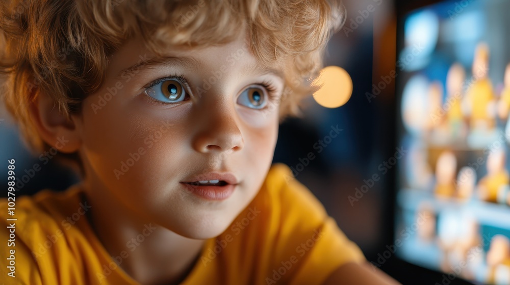 Young boy with curly hair gazing intently at a screen, capturing his curiosity and fascination within a dimly lit, focused environment, demonstrating learning.