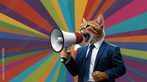 Cat man, businessman, announcement, megaphone, cat ears, launch, start something new, spread the word, new news, speech, broadcast, sale, poster, colorful.