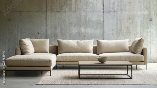 Modern living room featuring a beige sofa and coffee table set against a concrete wall, in a high-resolution format