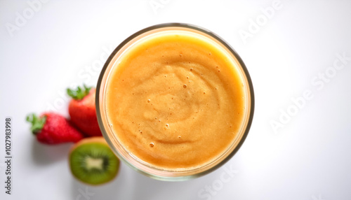 Smoothie Glass. A glass filled with fresh smoothie with fruits on the side, isolated on a white background