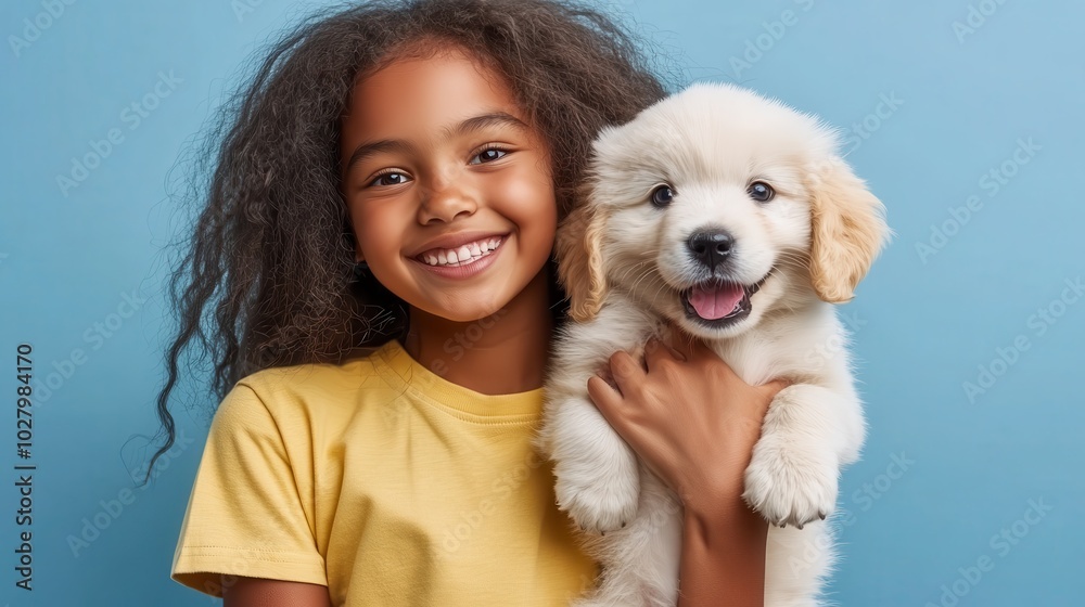 Smiling girl holding a joyful puppy against a blue wall. Expressions of happiness and warmth radiate from the image, capturing youthful exuberance and love.