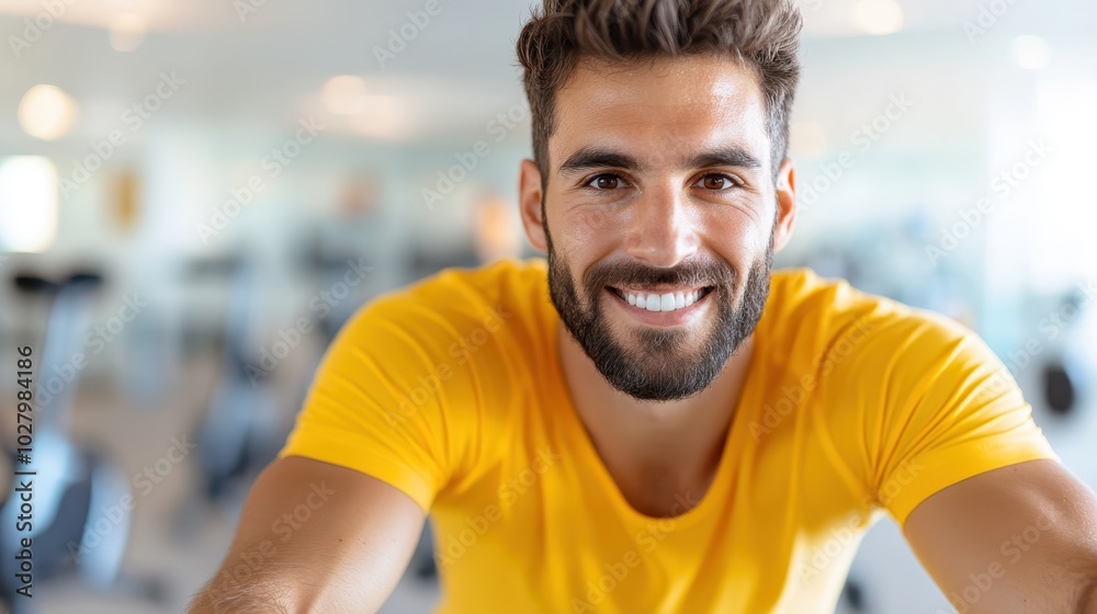 A bearded man in a gym setting smiling with a confident and energetic demeanor, wearing a bright yellow shirt, exudes fitness and positivity. A bearded man in a gym setting smiling with a confident and energetic demeanor, wearing a bright yellow shirt, exudes fitness and positivity.