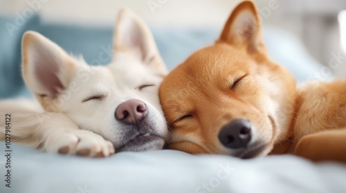 Image of two adorable dogs sleeping side by side on a soft, cozy bed with a light blue blanket, evoking a sense of comfort, relaxation, and warmth.