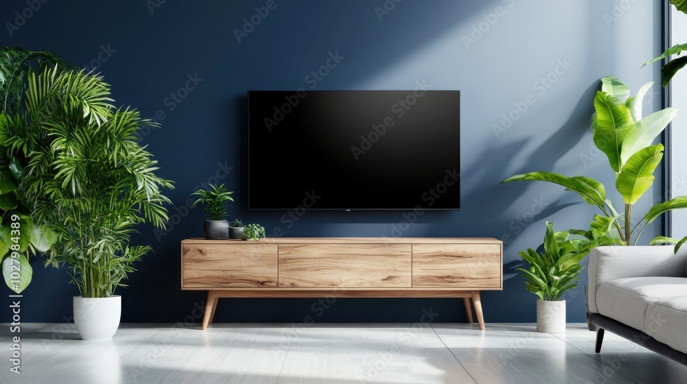 This image showcases a modern living room featuring a wooden TV stand, potted plants, and a sleek TV set, embodying a blend of elegance and nature. This image showcases a modern living room featuring a wooden TV stand, potted plants, and a sleek TV set, embodying a blend of elegance and nature.