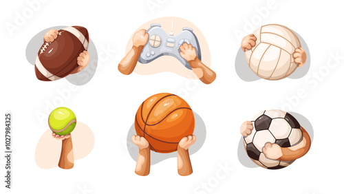 Cats cartoon paw holding gamepad and balls for games set. Funny pet legs catch balls for basketball tennis soccer volleyball American football. Sport mascots, cartoon collection vector illustration