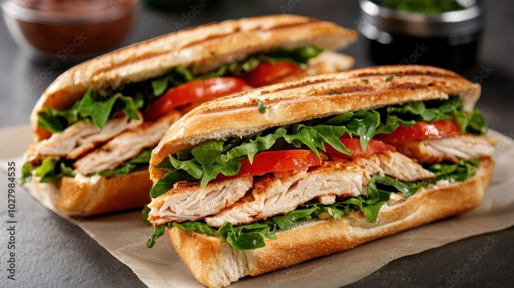 Mouthwatering sub sandwich showcasing tender sliced chicken breast, crisp greens, and ripe tomatoes on a freshly baked sub roll, designed for a satisfying meal experience. Mouthwatering sub sandwich showcasing tender sliced chicken breast, crisp greens, and ripe tomatoes on a freshly baked sub roll, designed for a satisfying meal experience.