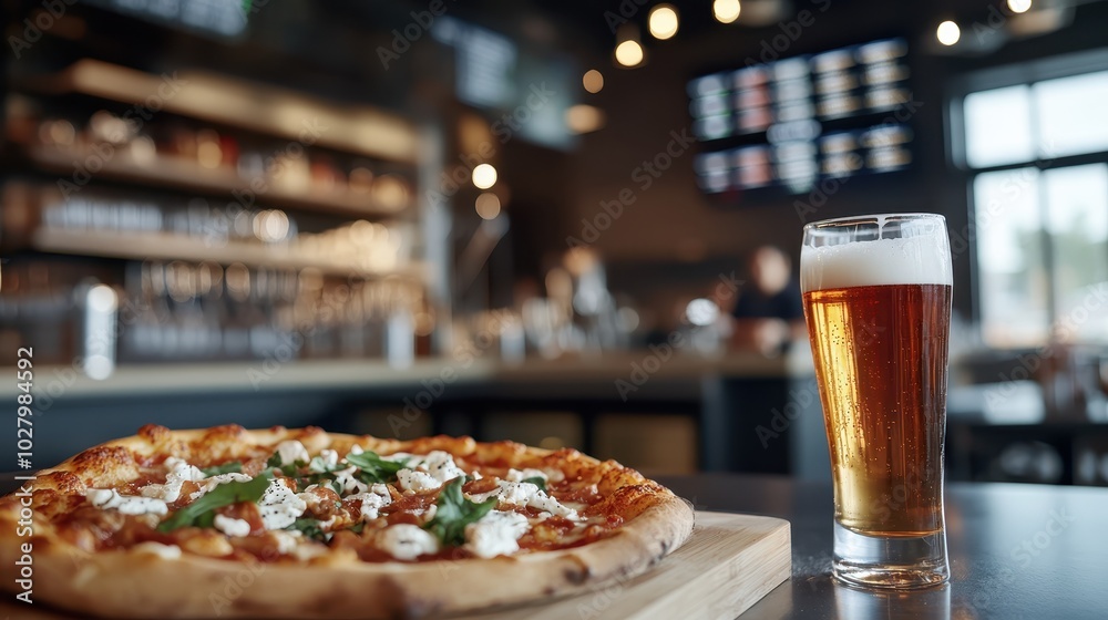 Fototapeta premium A beautifully presented pizza with a glass of beer in an upbeat bar setting, highlighted by soft lighting that creates an inviting and visually appealing atmosphere.
