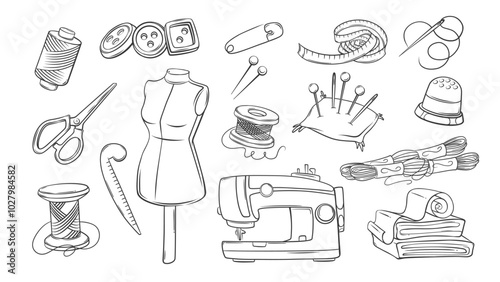 Tailor tools and accessories line icons set. Hand drawn retro equipment of seamstress to sew dress. Sewing, needlework, mascot, icons of designer and tailor workshop collection vector illustration