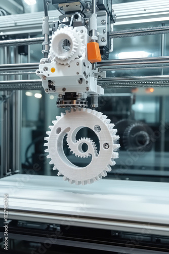 Gantry with x-carriage and print head of an FDM 3D printer produce helical gears. Using 3D printing to produce parts
