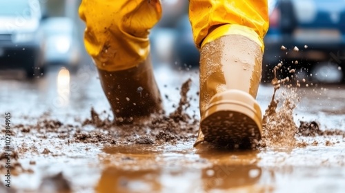 A pair of vibrant yellow boots plunge through a puddle of thick brown mud with a splashing effect, on a road with blurred car lights in the distant background. photo