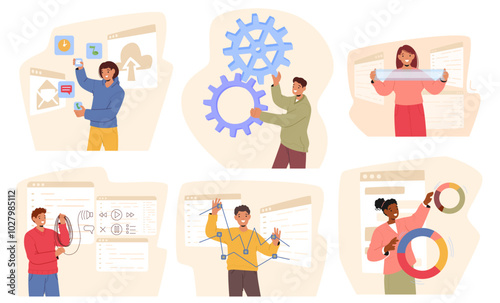 Collection Of People Interacting With Various Digital Interfaces, Representing Teamwork, Productivity, And Technology