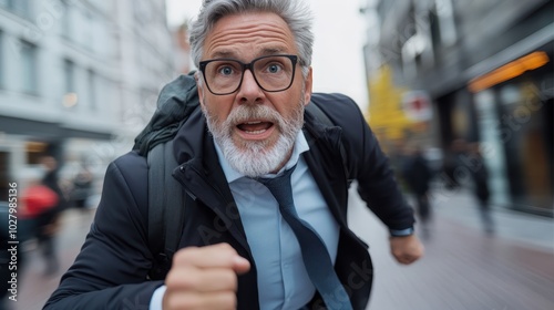 A mature man with glasses and a backpack sprints down an urban street, embodying a sense of urgency, focus, and vitality within the city’s dynamic setting.