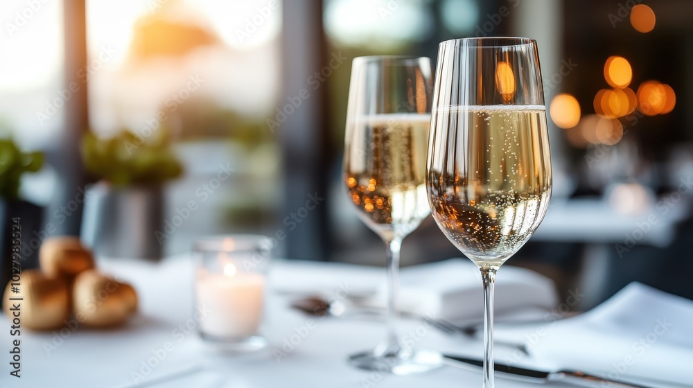 Two champagne glasses elegantly set on a table, illuminated by warm lighting. The setup is perfect to embody luxury and elegance in a refined dining setting.