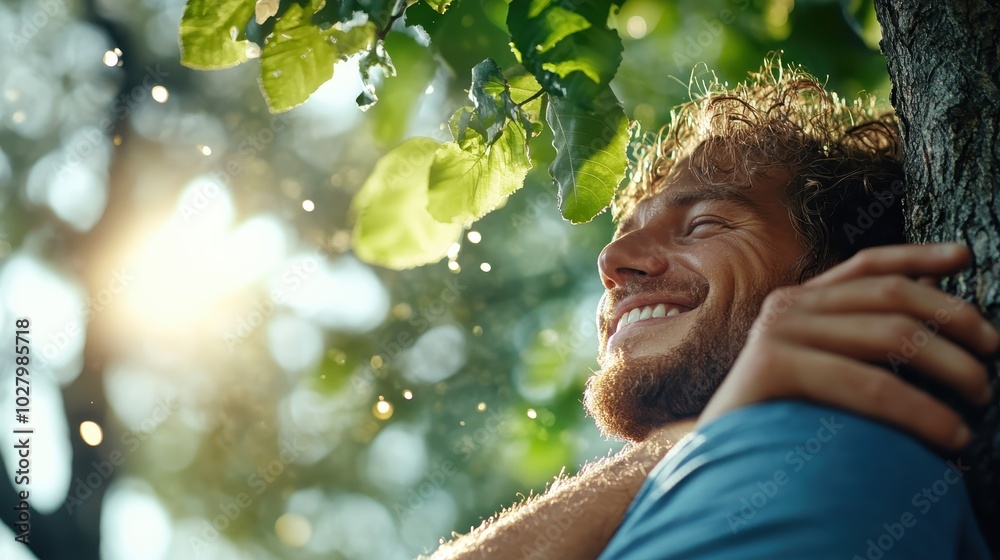 A man embraces a tree with a contented smile, bathed in warm sunlight, symbolizing reconnection with nature and inner peace amid a lush green environment. A man embraces a tree with a contented smile, bathed in warm sunlight, symbolizing reconnection with nature and inner peace amid a lush green environment.