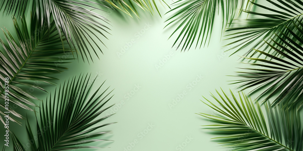 Summer concept. Palm tree branches with leaves for creative frame border isolated on light green background, flat lay design, top view Summer concept. Palm tree branches with leaves for creative frame border isolated on light green background, flat lay design, top view