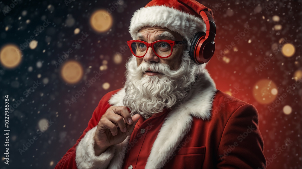 Stylish Santa, a music lover at heart, derives pleasure from beats and rhythm through headphones, cut out. Ideal for holiday music and Christmas parties Stylish Santa, a music lover at heart, derives pleasure from beats and rhythm through headphones, cut out. Ideal for holiday music and Christmas parties