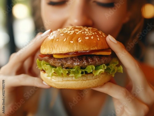 Prazer irresistível! Mulher desfrutando de um saboroso hambúrguer, um momento de indulgência que desafia a dieta photo