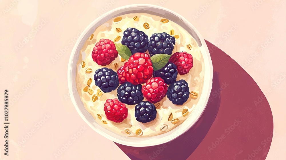 A bowl of oatmeal with raspberries, blackberries, and raspberries on top A bowl of oatmeal with raspberries, blackberries, and raspberries on top