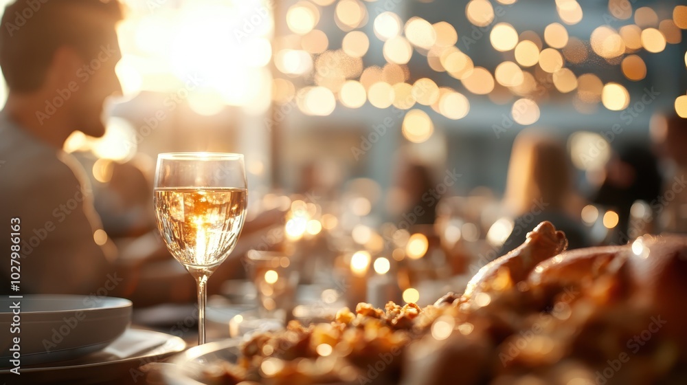 A glass of white wine sits in the foreground of an outdoor dining scene, featuring beautiful bokeh lights creating a warm, inviting, and festive atmosphere at sunset. A glass of white wine sits in the foreground of an outdoor dining scene, featuring beautiful bokeh lights creating a warm, inviting, and festive atmosphere at sunset.