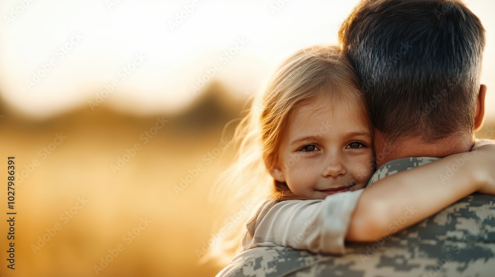 A young girl embraces a man in a military uniform, creating a heartwarming scene in a field during sunset, symbolizing love, protection, and tenderness. A young girl embraces a man in a military uniform, creating a heartwarming scene in a field during sunset, symbolizing love, protection, and tenderness.