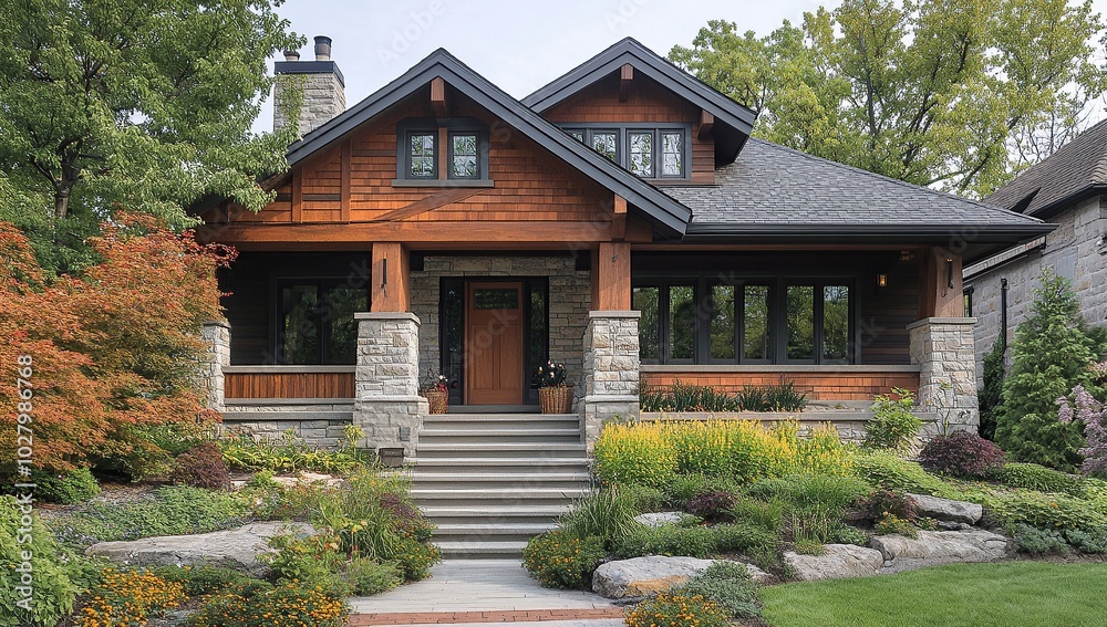 Photo of a craftsman-style home with stone and wood accents, and front yard landscaping Photo of a craftsman-style home with stone and wood accents, and front yard landscaping
