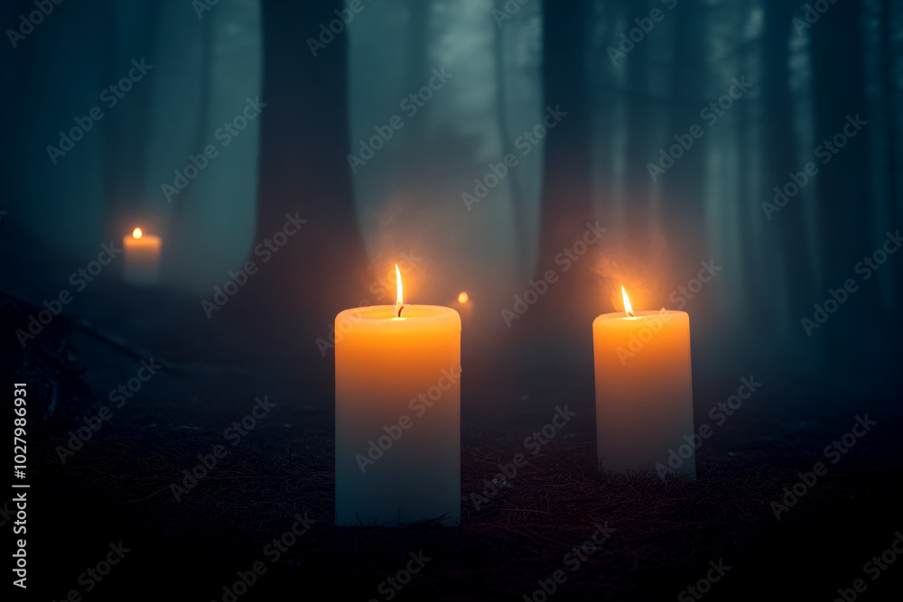 Candles on Stone in Misty Forest