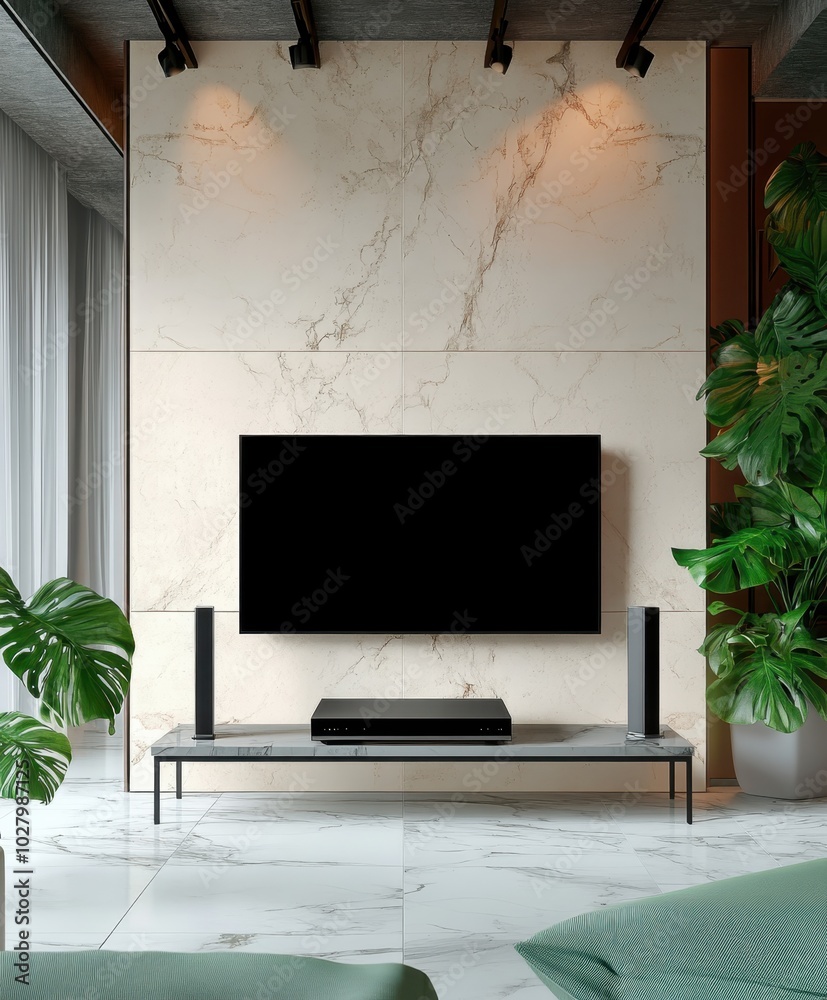 Minimalist Loft Style for a Modern Living Room with TV on Marble Wall Minimalist Loft Style for a Modern Living Room with TV on Marble Wall