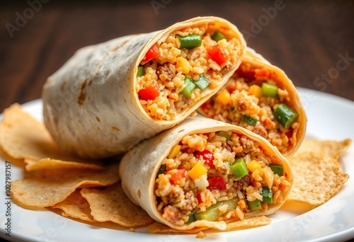 Delicious burritos filled with colorful vegetables and rice on a plate with crispy chips.